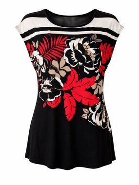 Laura Petite Floral Top Black Red Stretch Blouse Medium